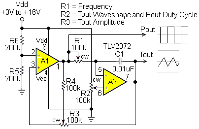 Waveshape generation with one dual RRIO op amp